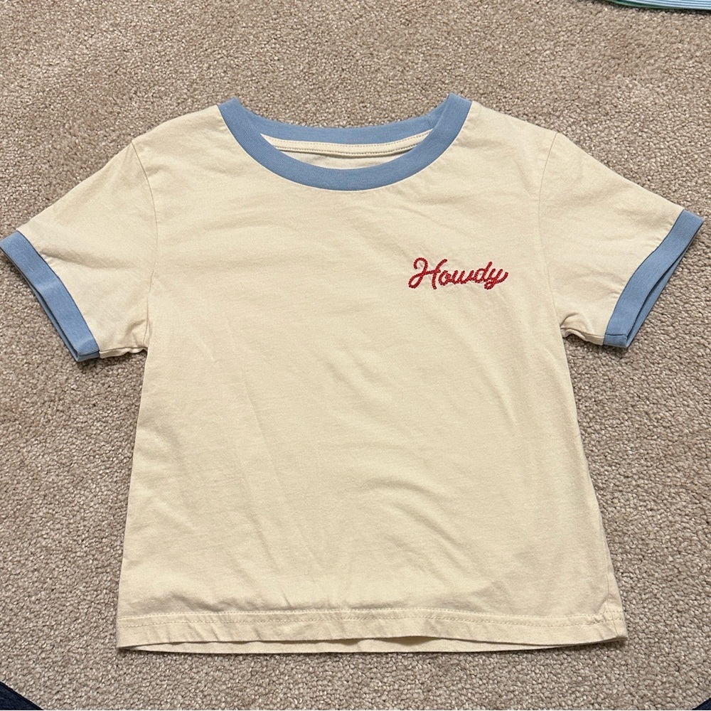 Howdy Embroidered Tee - Cream with Blue Trim